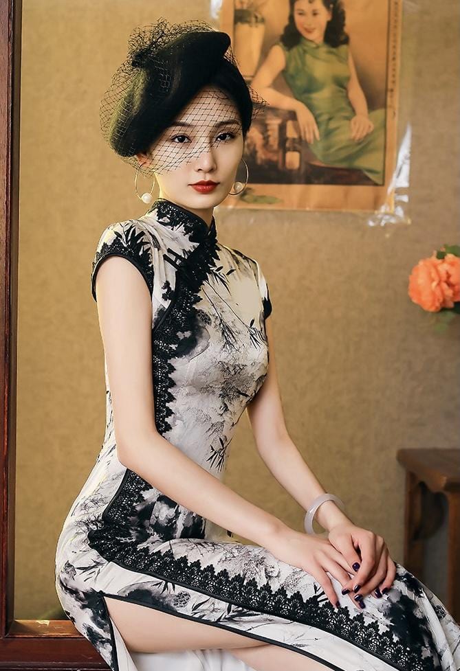 Natural silk, Chinese ink painting, High-end long Qipao