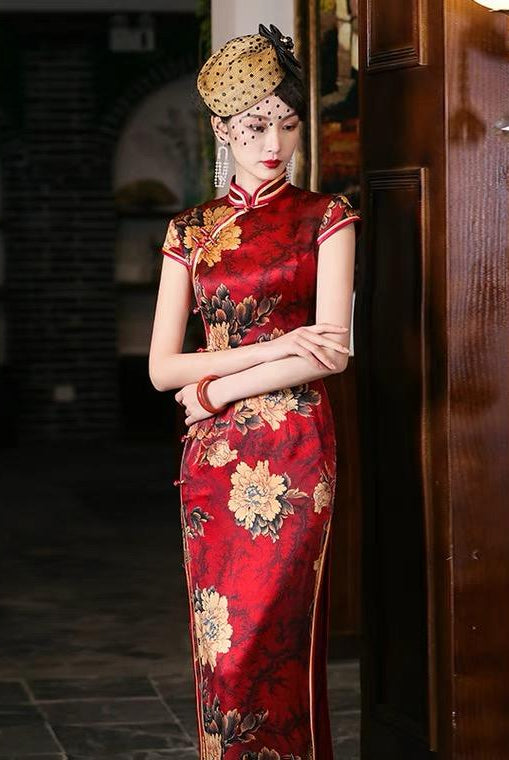 Mulberry silk, Floral pattern, High-end long Qipao