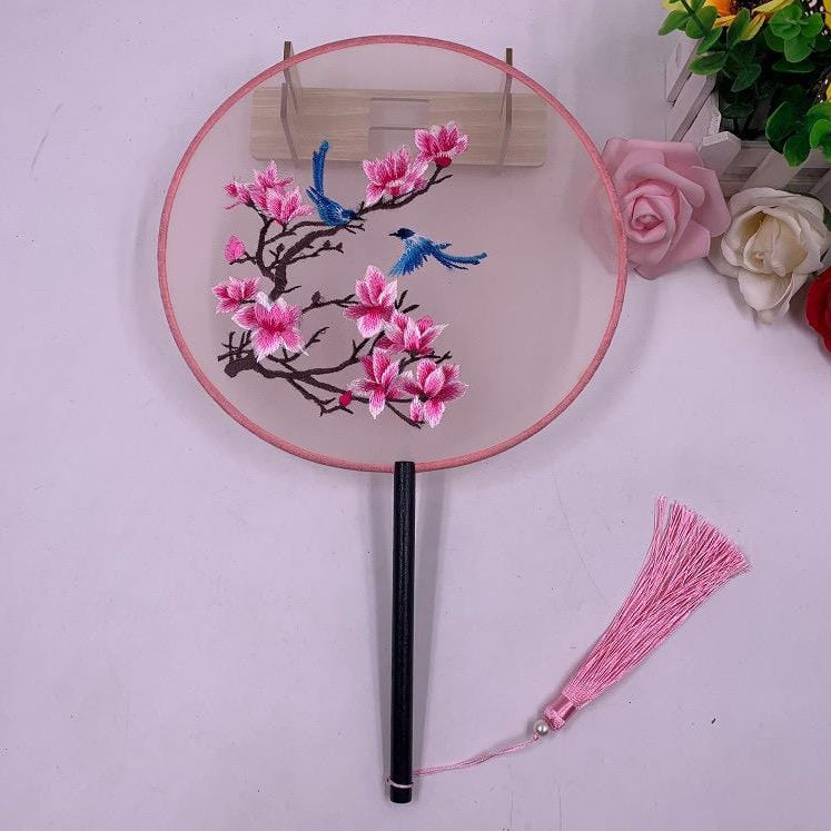 Beth and Brian Qipao- XD Machine-embroidered, double-sided embroidery Hand Fan, Chinese Hand Fan