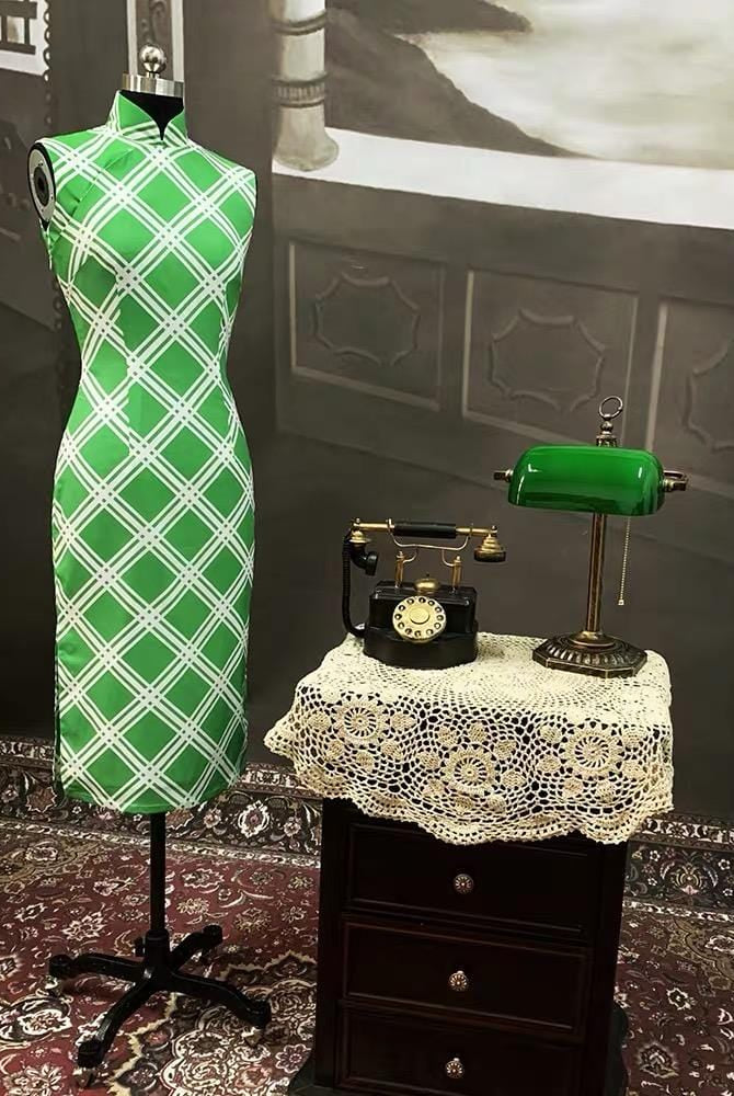 Beth and Brian Qipao - TZY Ms.Maggie inspired plaid pattern, artificial silk chiffon, mid length qipao