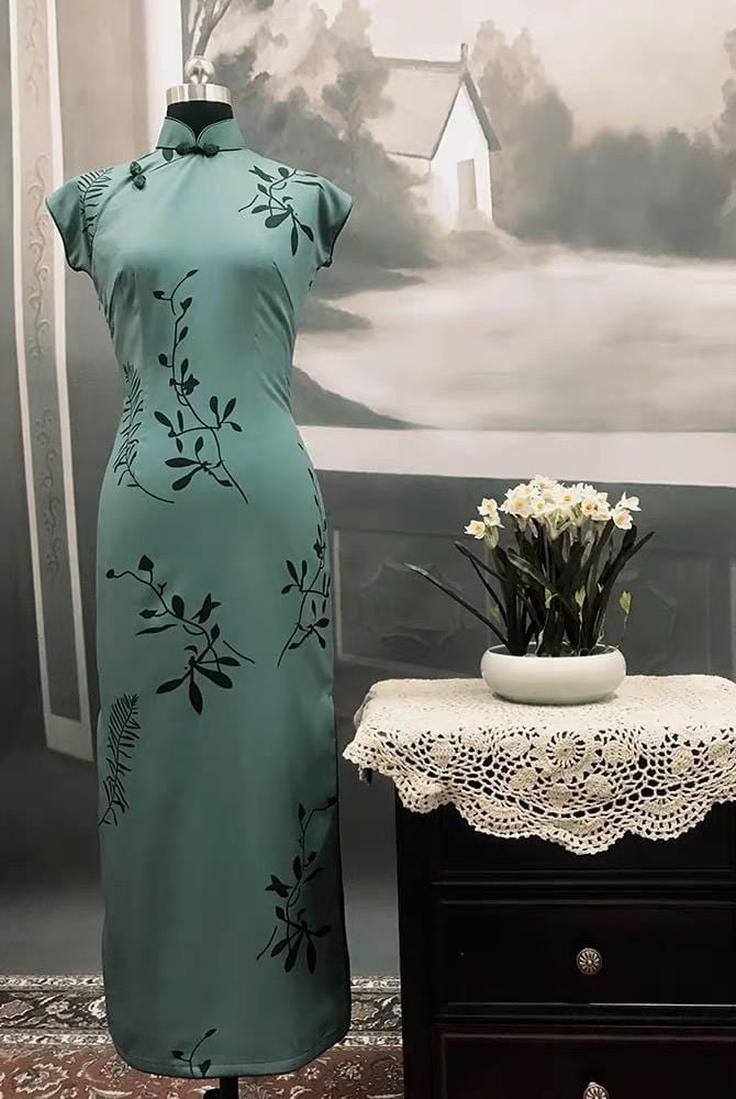 Beth and Brian Qipao - TZY Ms.Tang wei inspired floral pattern, artificial silk chiffon, long qipao