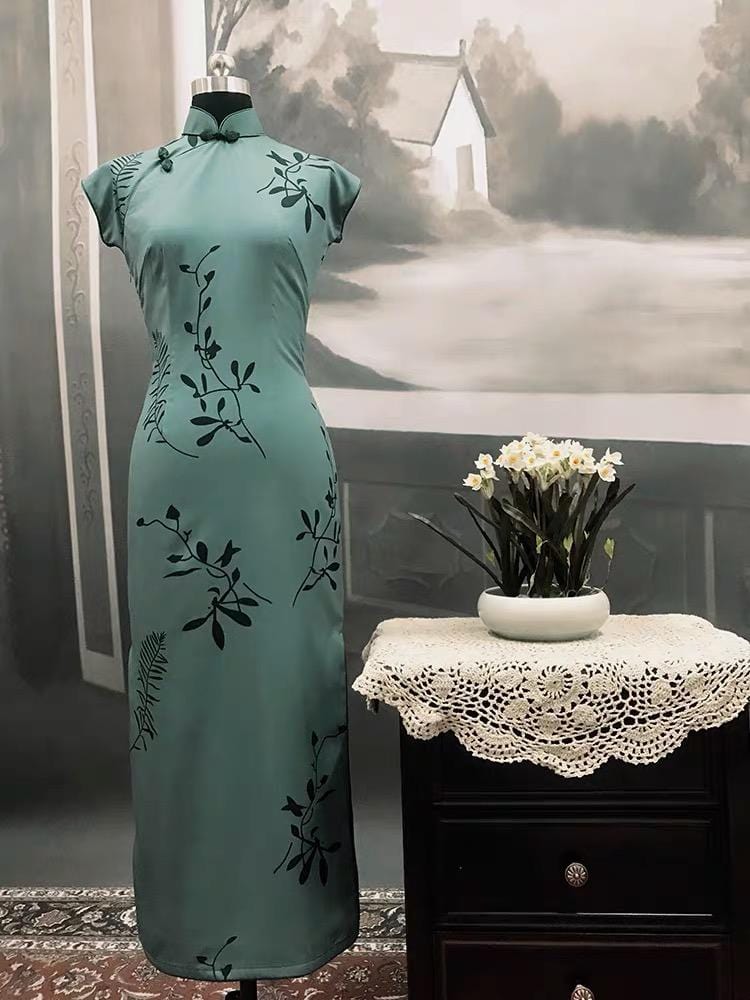 Beth and Brian Qipao - TZY Ms.Tang wei inspired floral pattern, artificial silk chiffon, long qipao