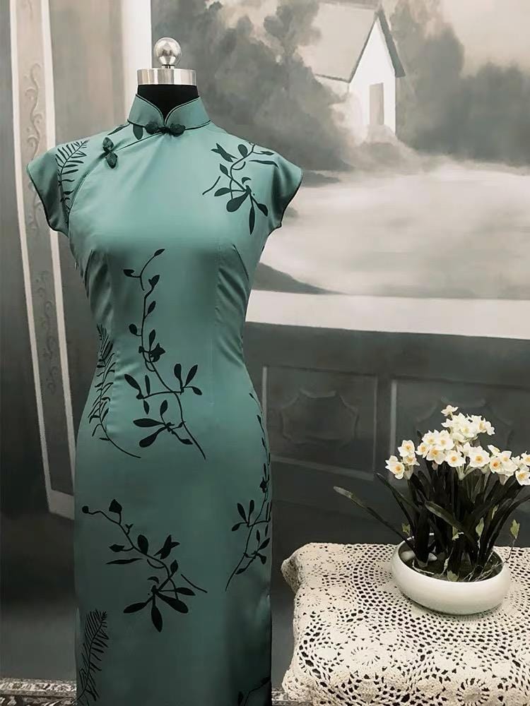 Beth and Brian Qipao - TZY Ms.Tang wei inspired floral pattern, artificial silk chiffon, long qipao