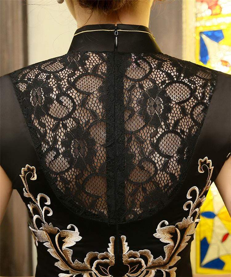 Floral embroidery, artificial silk short Qipao