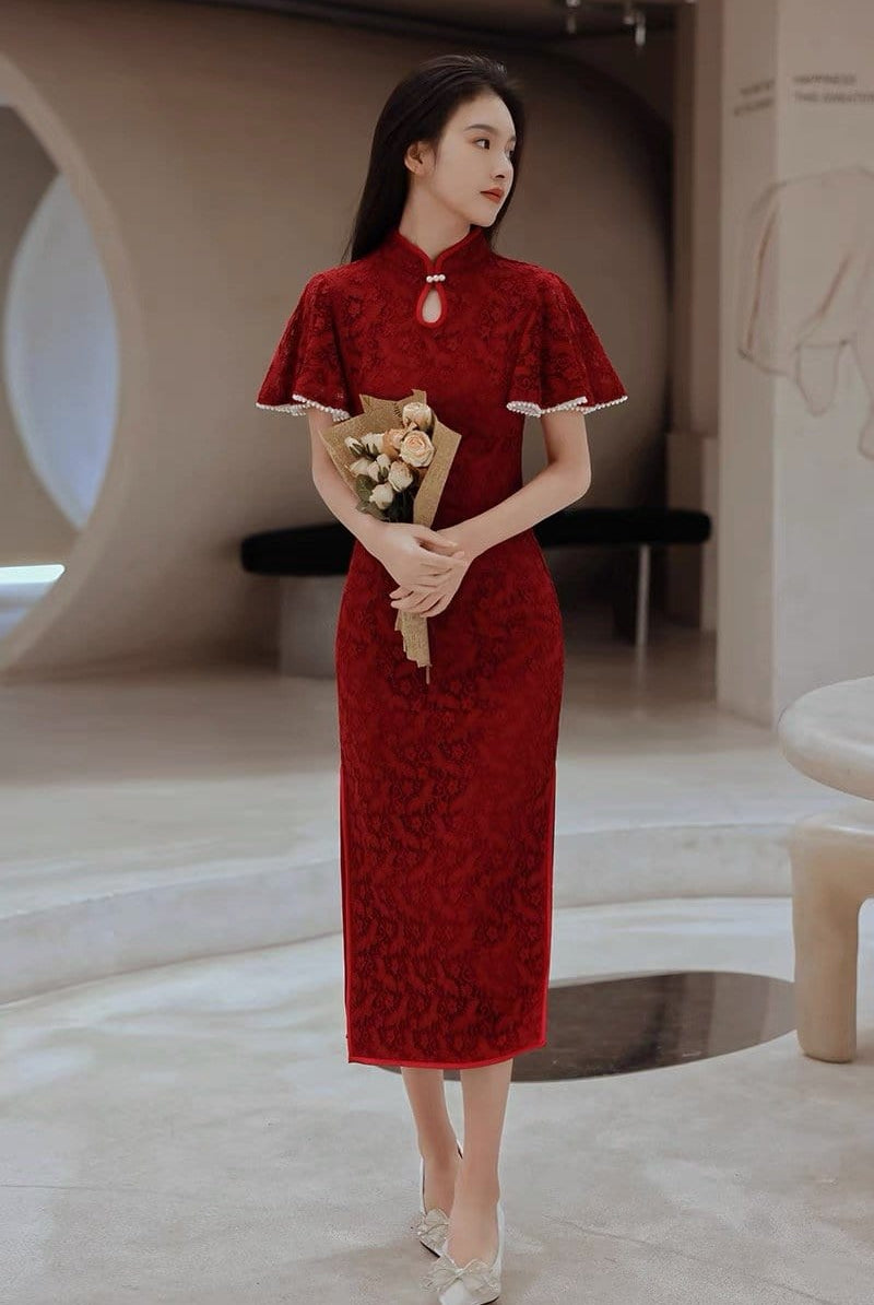 Butterfly pattern, lace long Qipao with lotus leaf sleeves