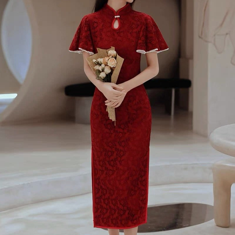 Butterfly pattern, lace long Qipao with lotus leaf sleeves