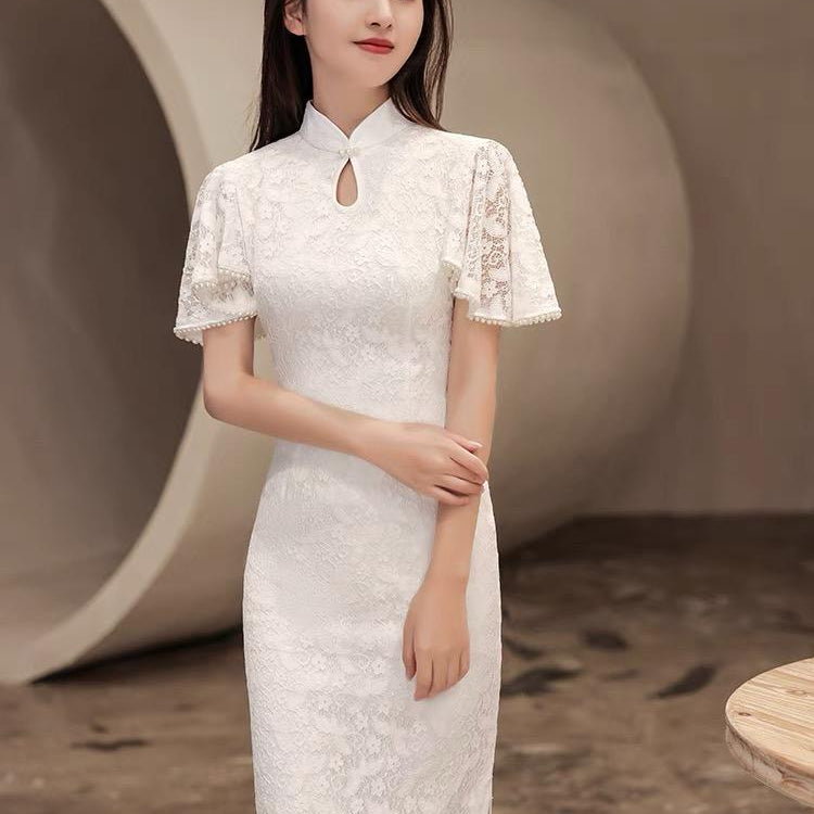 Butterfly pattern, lace long Qipao with lotus leaf sleeves