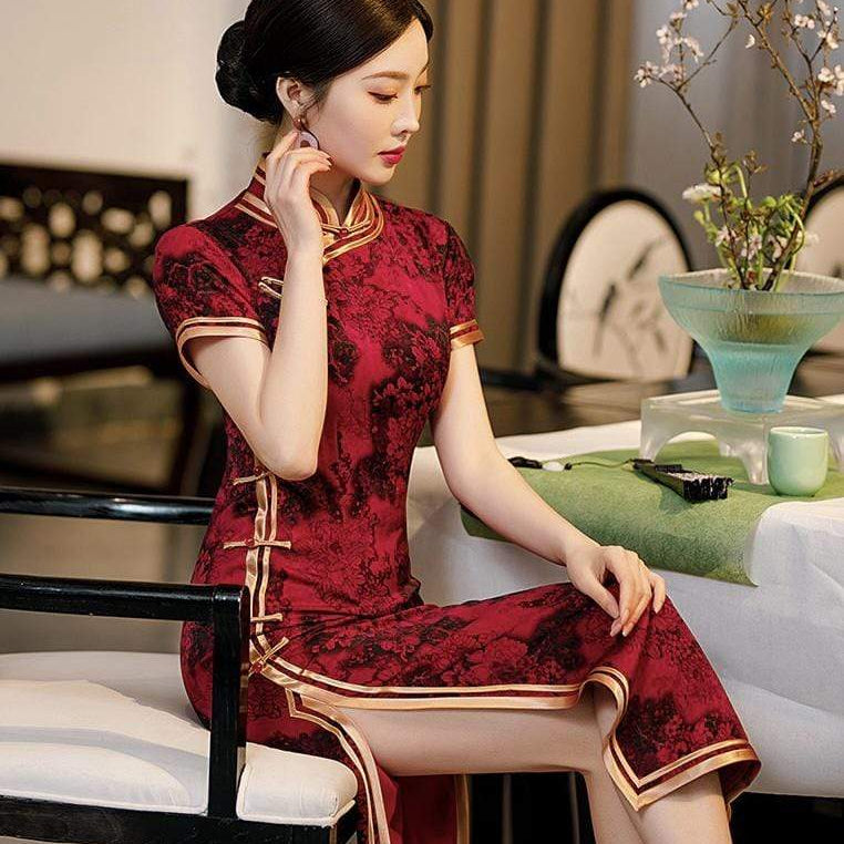 Floral pattern, imitation acetate long Qipao