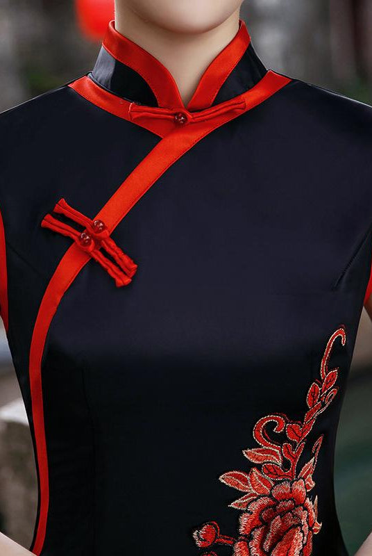 Floral embroidery, satin fabric long Qipao