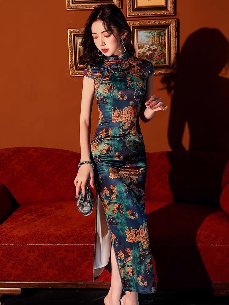 Floral pattern, artificial silk long Qipao