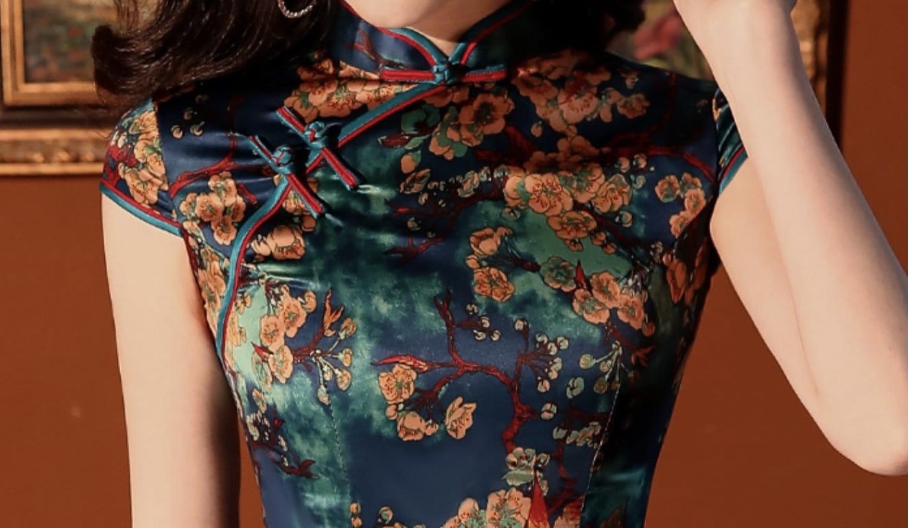 Floral pattern, artificial silk long Qipao