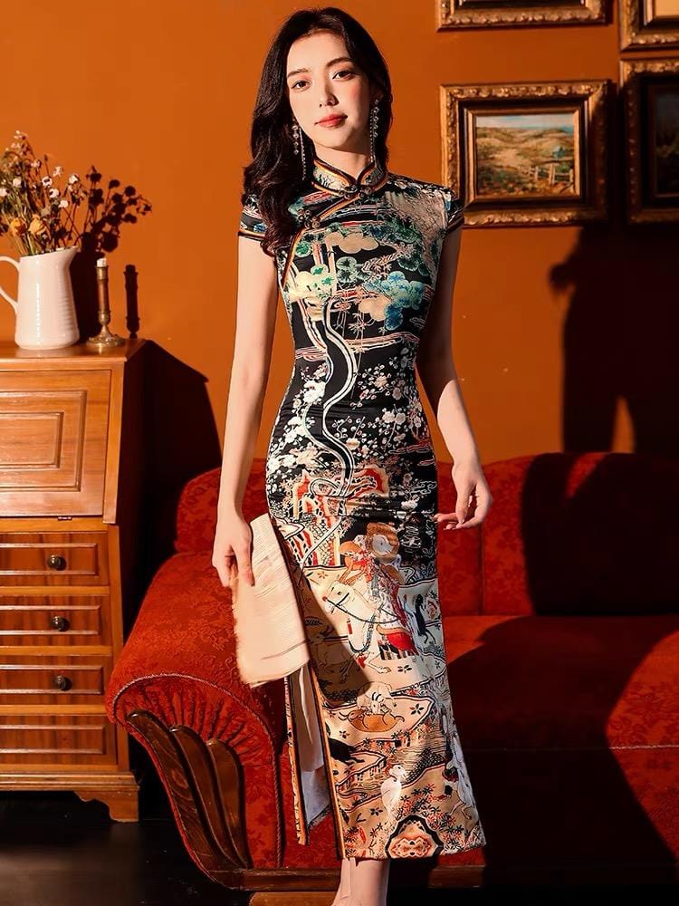 Chinese retro style, artificial silk long Qipao