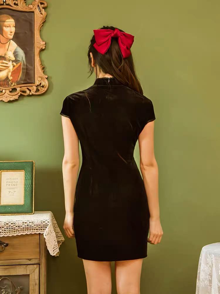 Corduroy fabric, black short Qipao with cap sleeve