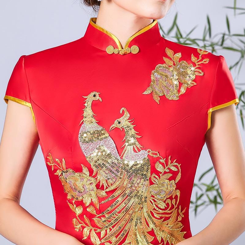 Phoenix embroidery, acetate satin, mermaid long Qipao