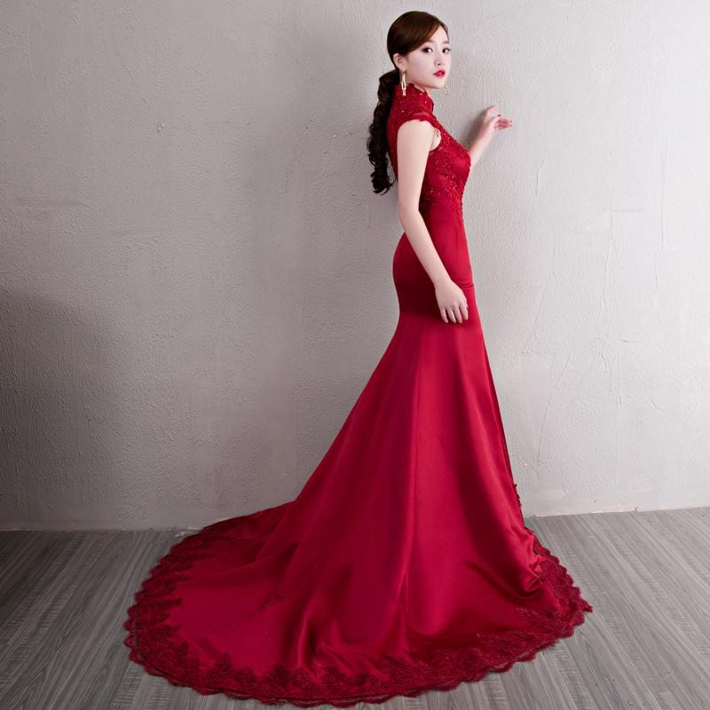 Floral embroidery, satin fabric, burgundy fishtail Qipao