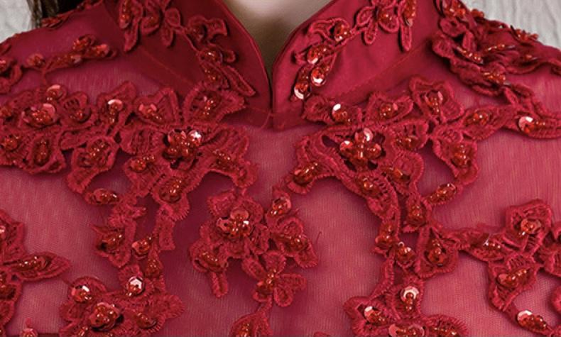 Floral embroidery, satin fabric, burgundy fishtail Qipao