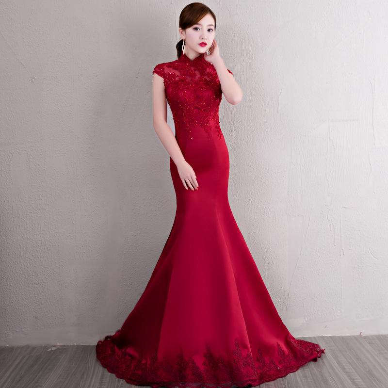 Floral embroidery, satin fabric, burgundy fishtail Qipao