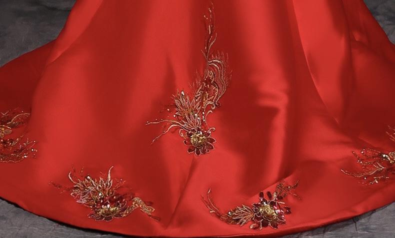 Floral Sequined, twill satin fabric, red fishtail Qipao