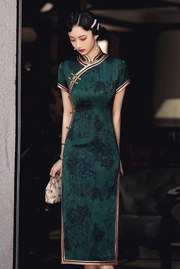 Beth and Brian Qipao - GSJ Floral pattern, acetate fabric long Qipao