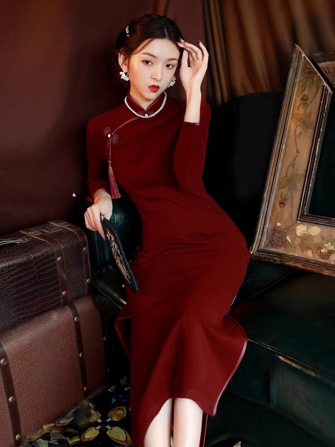 Beth and Brian Qipao - JLM Winter and Spring collection, Cashmere wool mid-length red Qipao