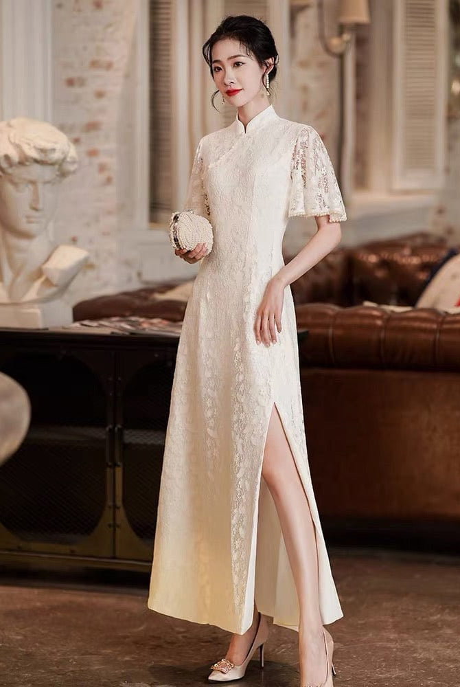 Beth and Brian Qipao - ZZZH Modern style, lace wedding Qipao with lotus leaf sleeves