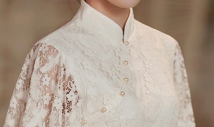 Beth and Brian Qipao - ZZZH Modern style, lace wedding Qipao with lotus leaf sleeves