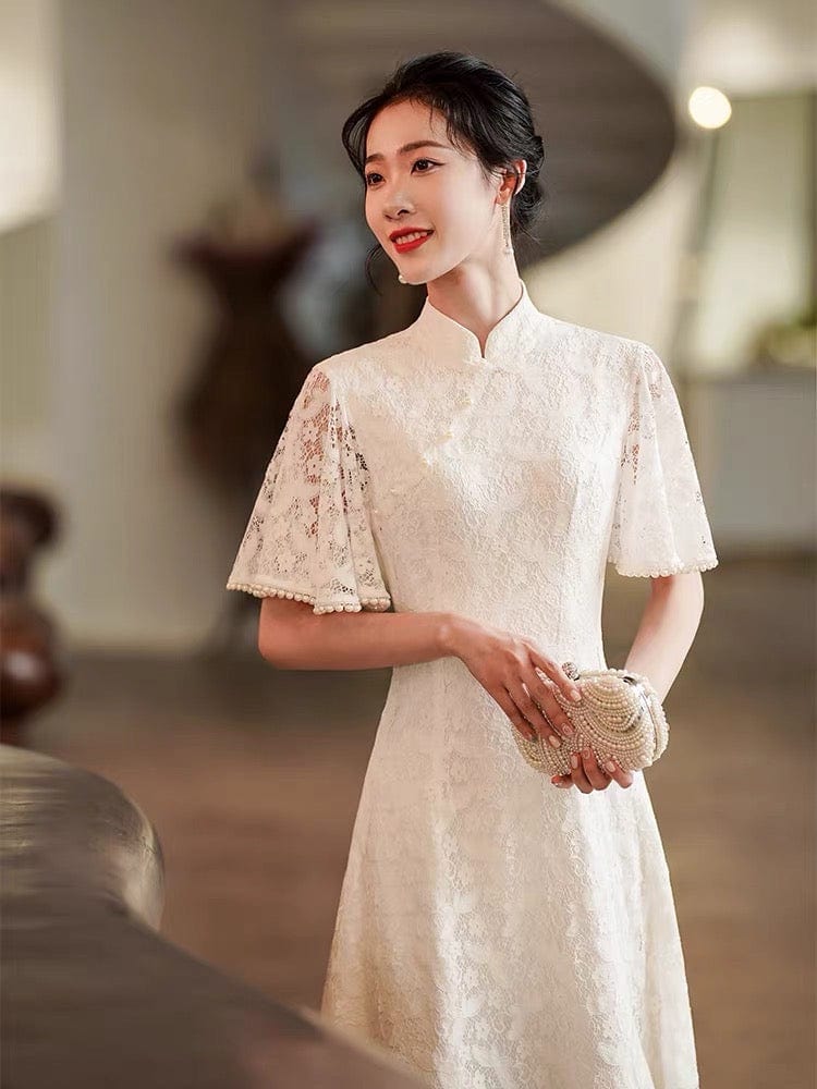 Beth and Brian Qipao - ZZZH Modern style, lace wedding Qipao with lotus leaf sleeves