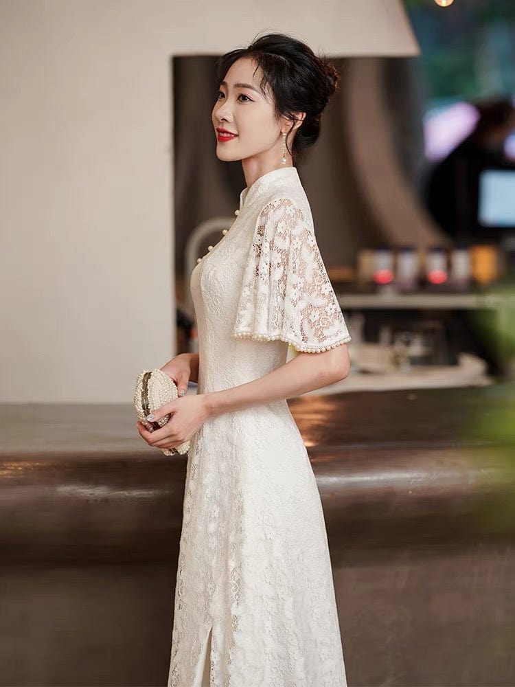 Beth and Brian Qipao - ZZZH Modern style, lace wedding Qipao with lotus leaf sleeves