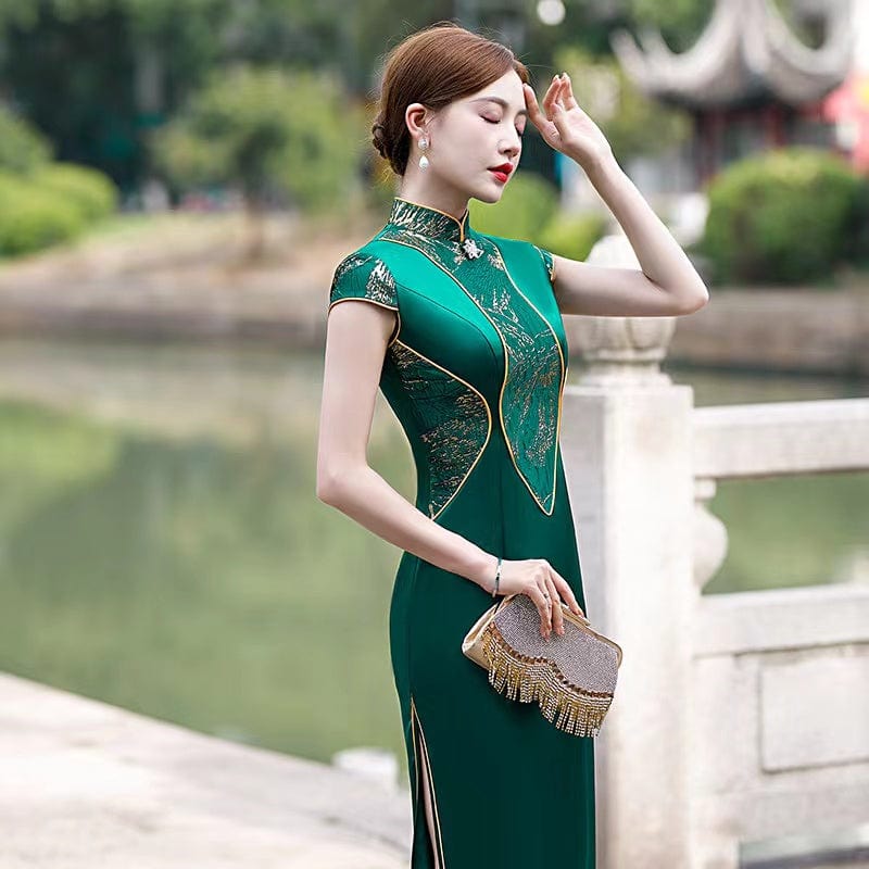 Beth and Brian Qipao - GSJ Classic Chinese style, long Qipao with cap sleeves