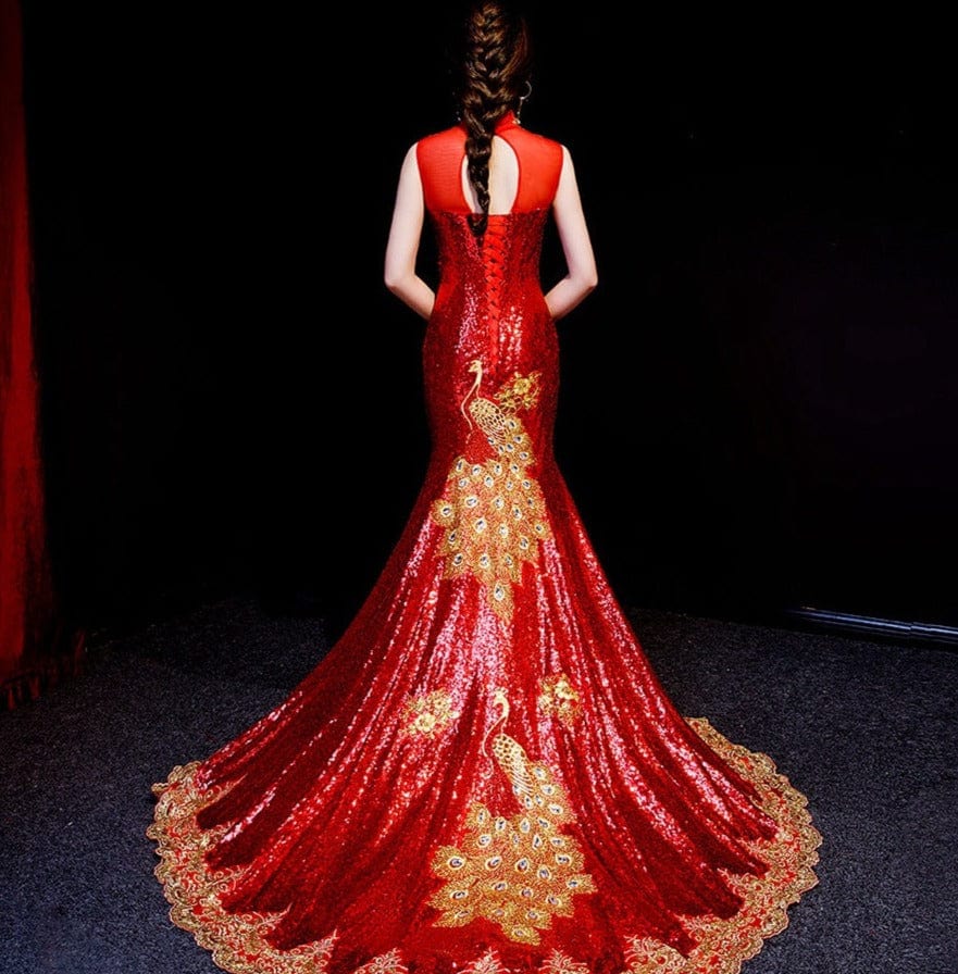 Beth and Brian Qipao - QL Phoenix embroidery, fishtail long Qipao
