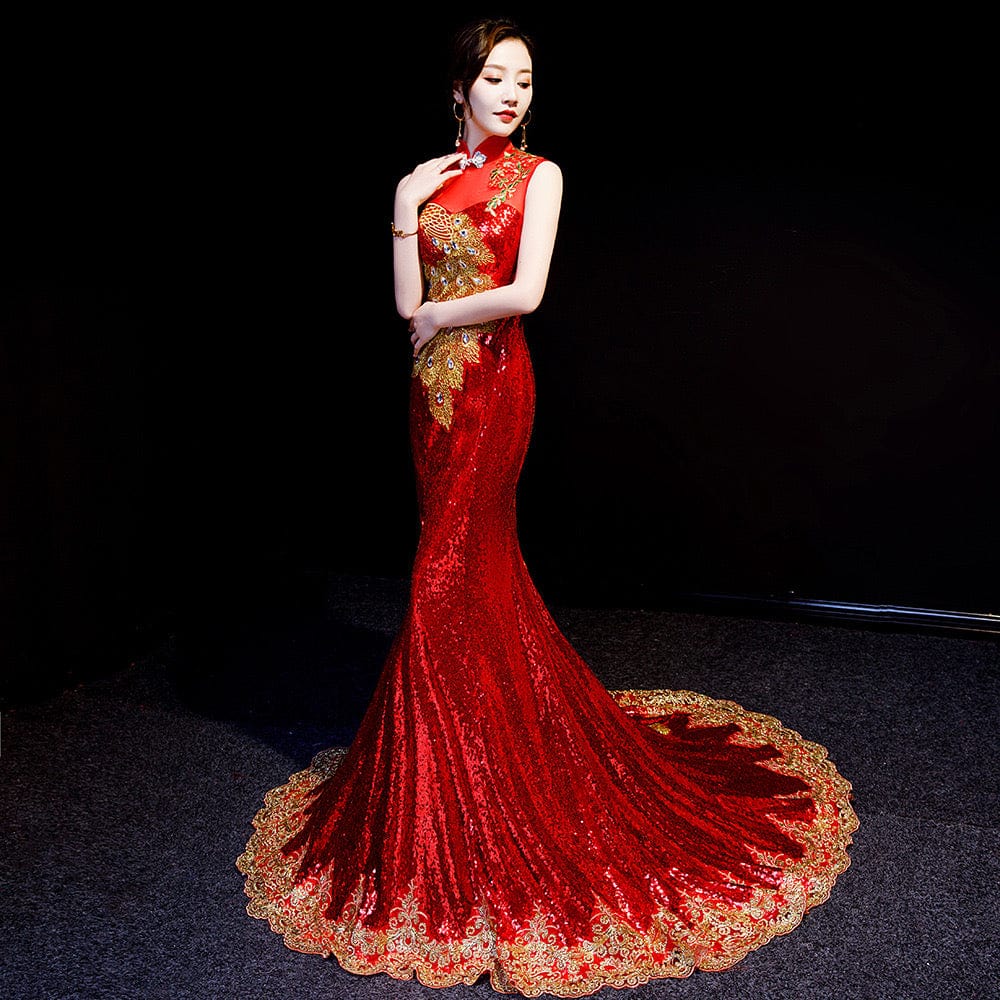 Beth and Brian Qipao - WR Peacock embroidery, fishtail sequins Qipao