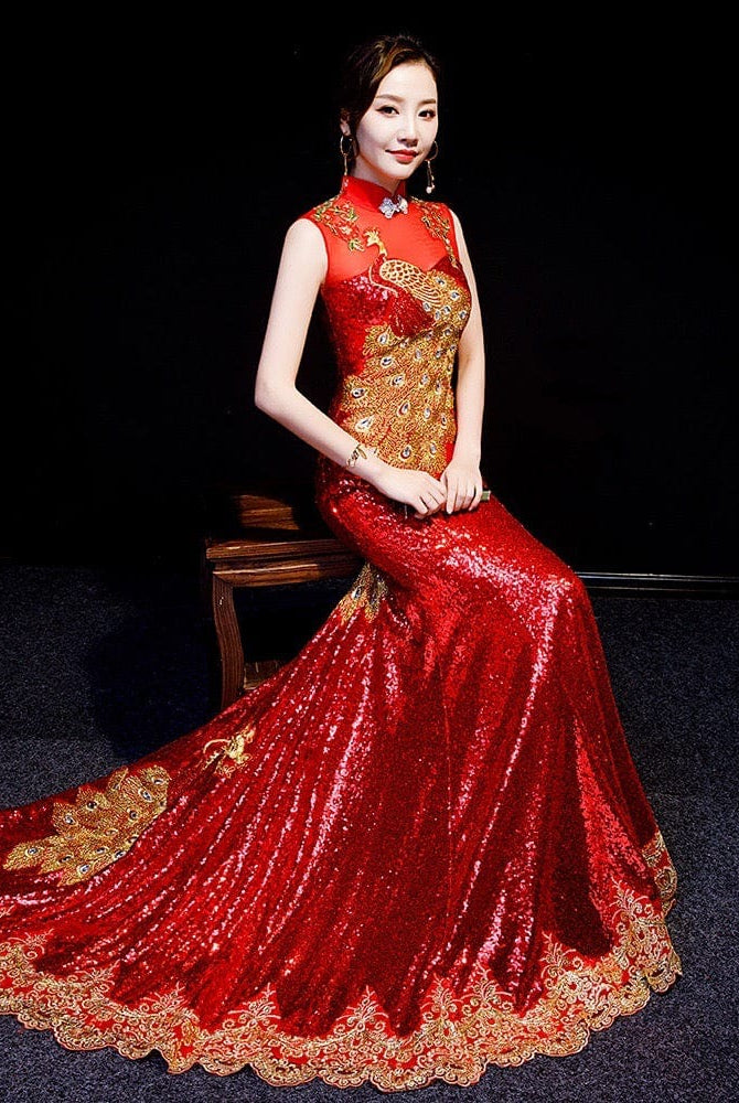 Beth and Brian Qipao - WR Peacock embroidery, fishtail sequins Qipao