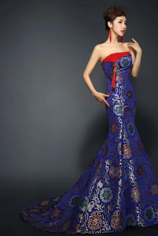Beth and Brian Qipao-TZL Floral embroidery, brocade fishtail Qipao