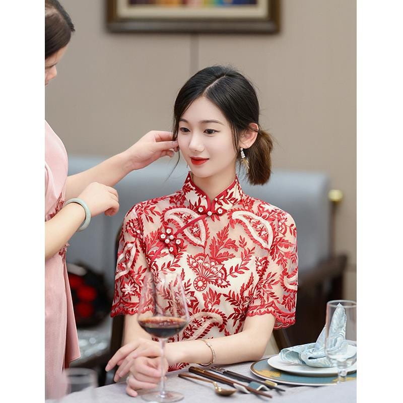 Beth and Brian Qipao-OYCP Chinese modern style, leaf embroidery midi Qipao