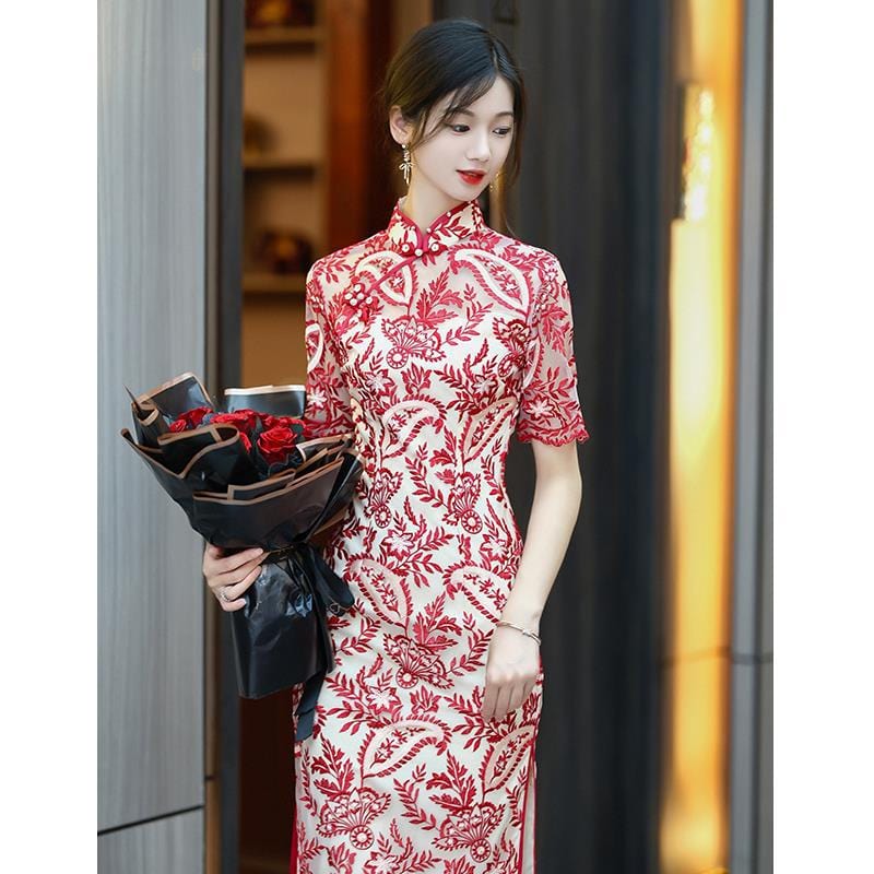 Beth and Brian Qipao-OYCP Chinese modern style, leaf embroidery midi Qipao