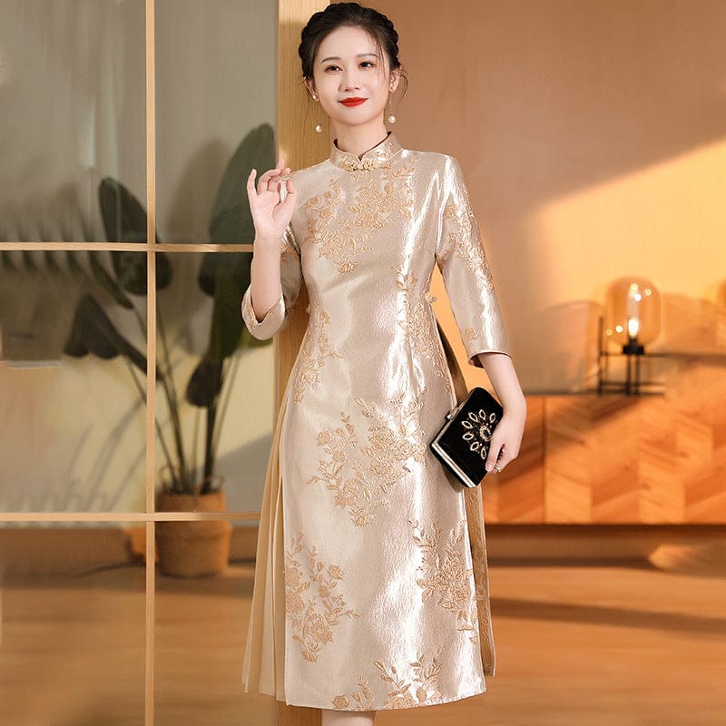 Beth and Brian Qipao -XZY Floral Jacquard mid-length Qipao with three quarter sleeves