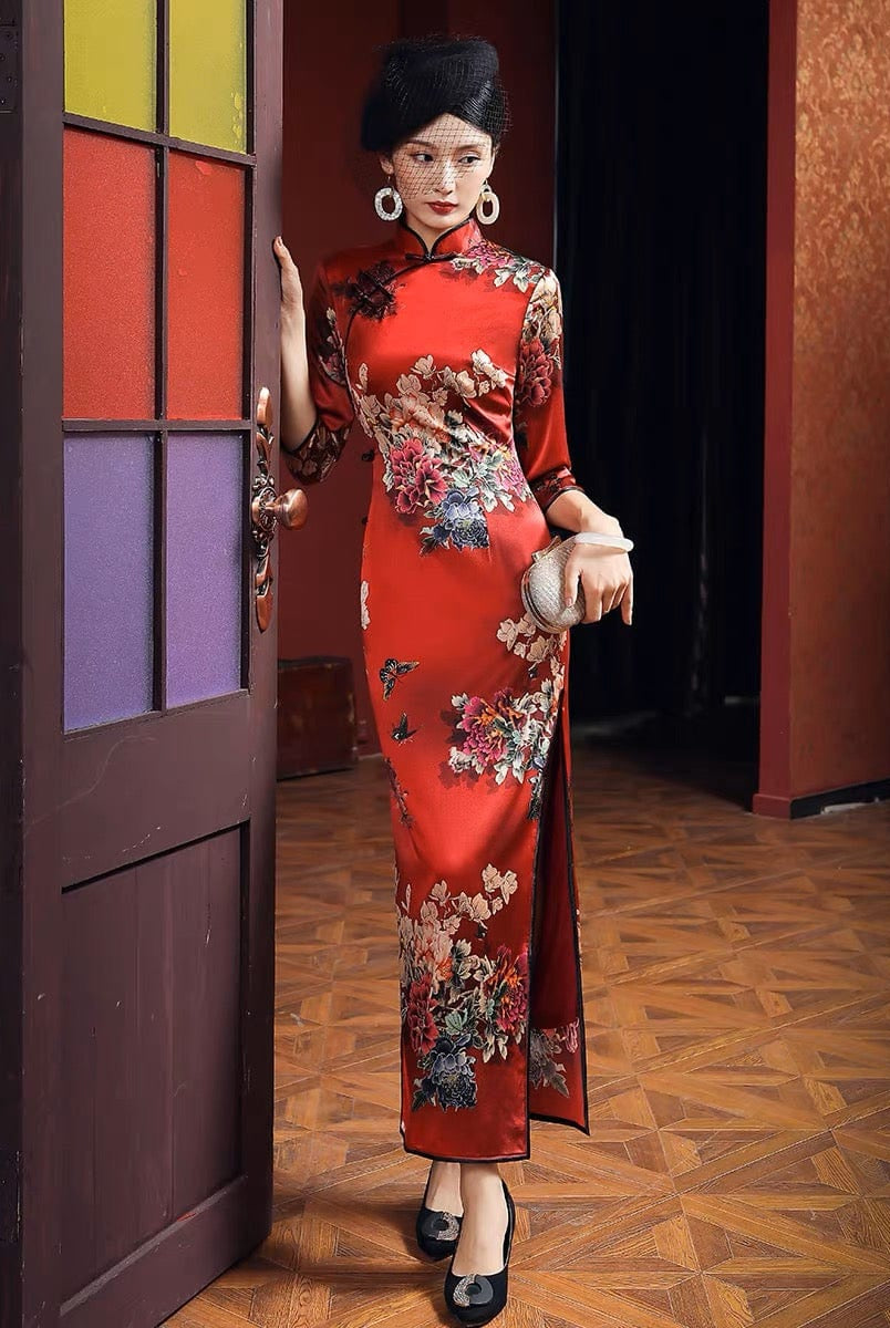 Beth and Brian Qipao-TL 19 mome mulberry silk, floral pattern, High-end long Qipao