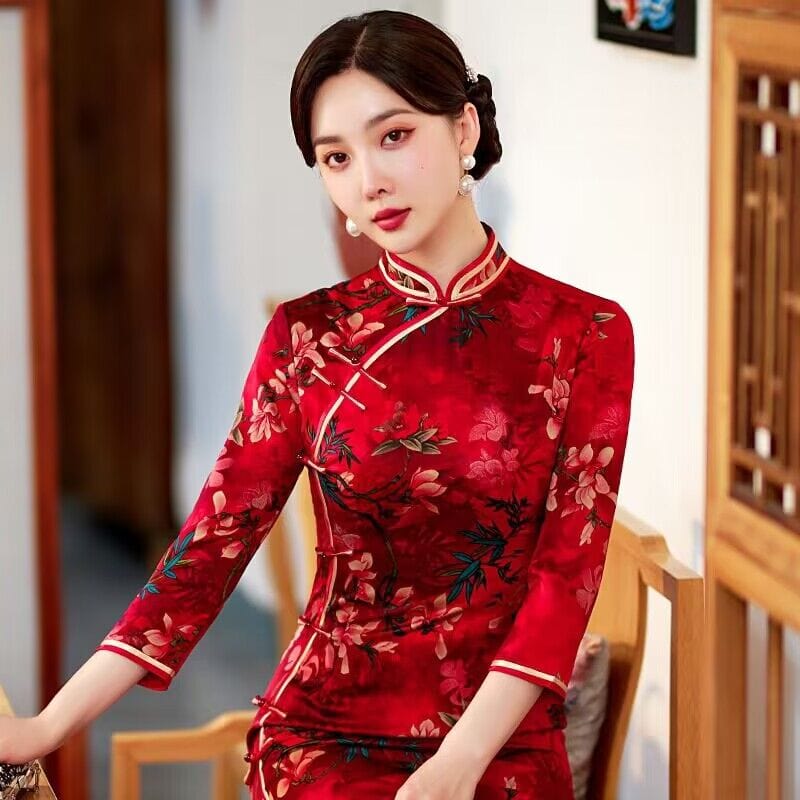 Beth and Brian Qipao-ST Fall and Winter collection, floral pattern long Qipao