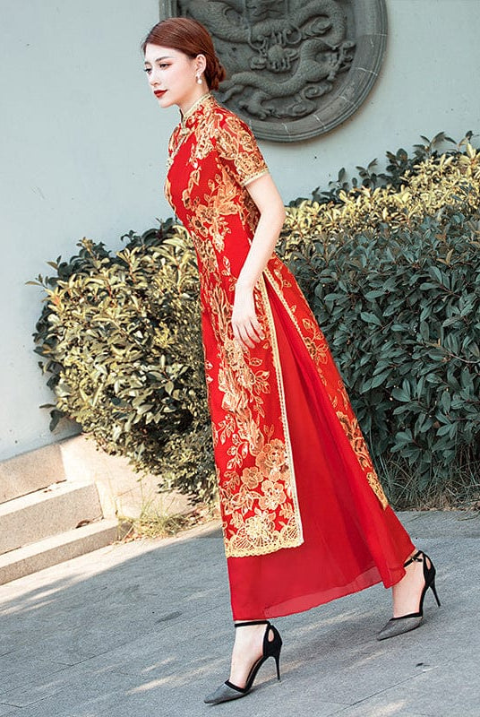 Beth and Brian Qipao-YD Summer and fall collection, long Ao dai with short sleeves