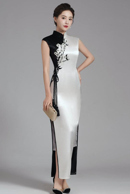 Beth and Brian Qipao-YSY Floral embroidery, high end, black with white long Qipao