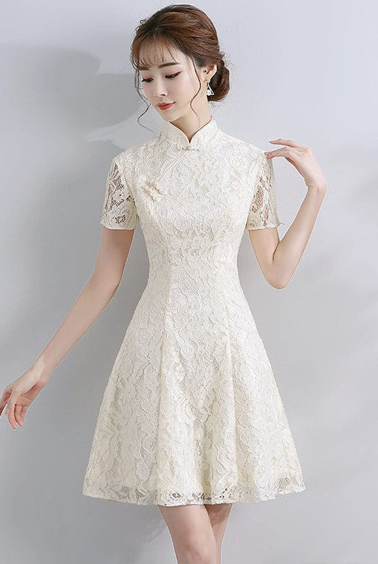 Beth and Brian Qipao -YHY Floral pattern, A line, lace short Qipao