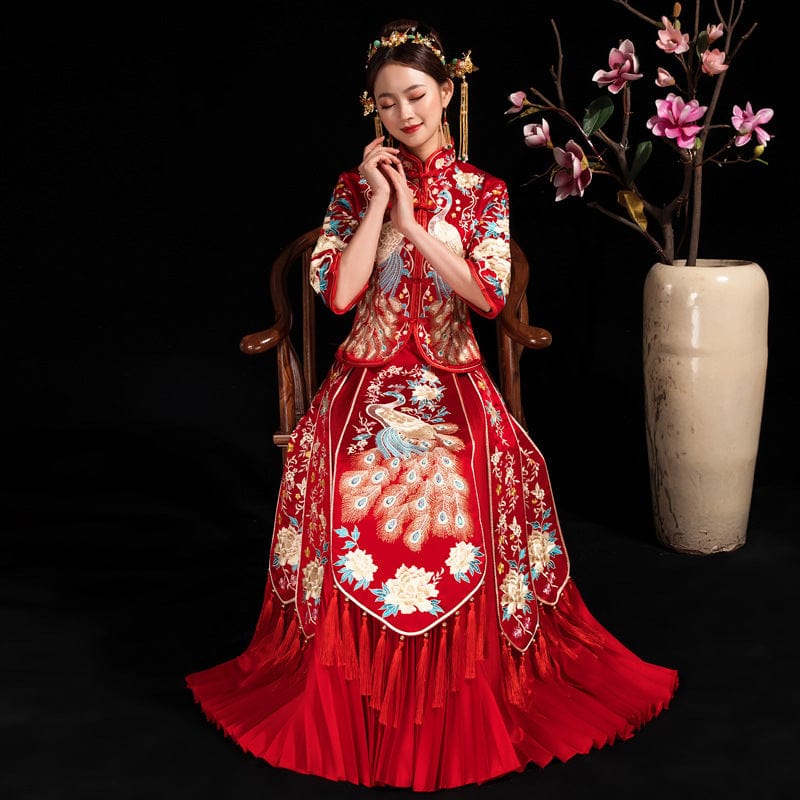 Beth and Brian Qipao-BM Peacock embroidery, fishtail wedding Qipao with three quarter sleeves