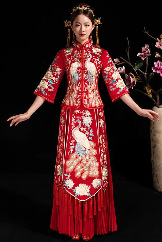 Beth and Brian Qipao-BM Peacock embroidery, fishtail wedding Qipao with three quarter sleeves