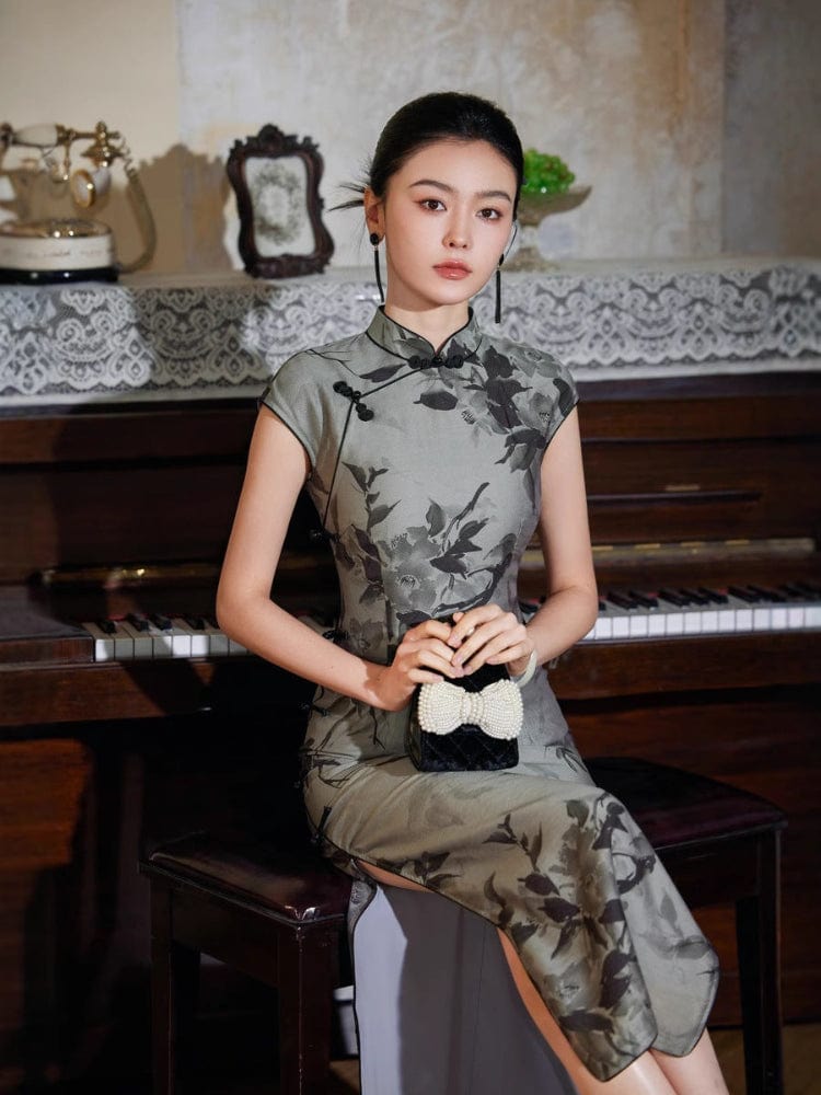 Beth and Brian Qipao-JD Tencel fabric, grey long Cheongsam