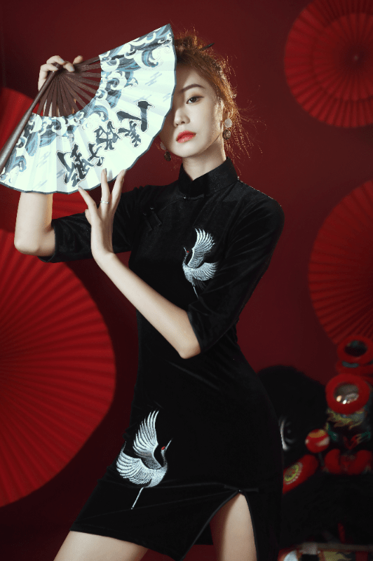 Beth and Brian Qipao -TX Crane embroidery, velvet fabric, short Qipao dress