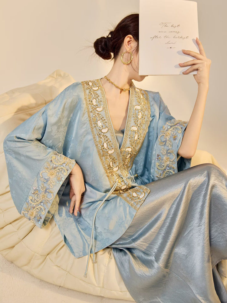 Beth and Brian Qipao-JZ Luna Golden Beaded Floral Embroidery Rayon Loose Cheongsam Coat