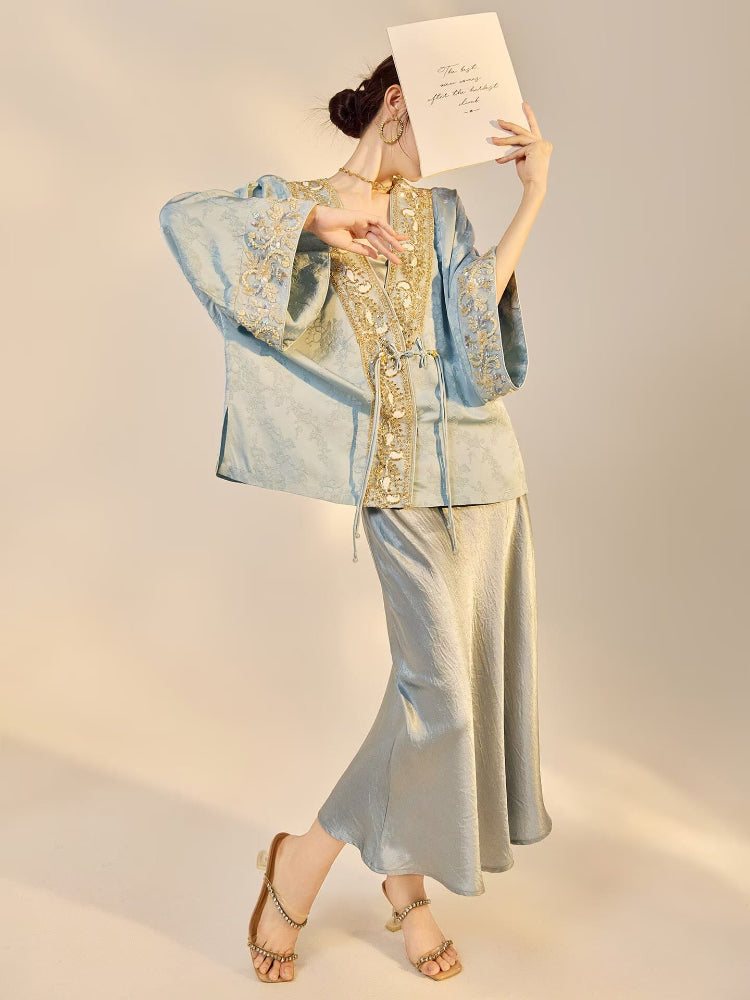 Beth and Brian Qipao-JZ Luna Golden Beaded Floral Embroidery Rayon Loose Cheongsam Coat