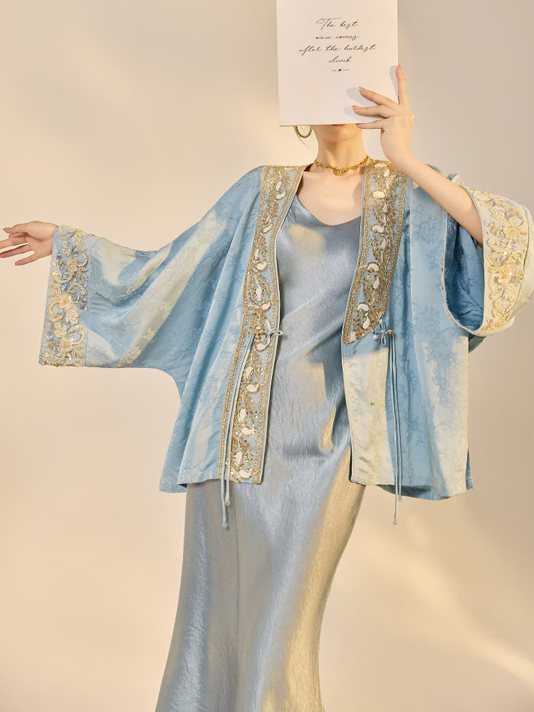 Beth and Brian Qipao-JZ Luna Golden Beaded Floral Embroidery Rayon Loose Cheongsam Coat