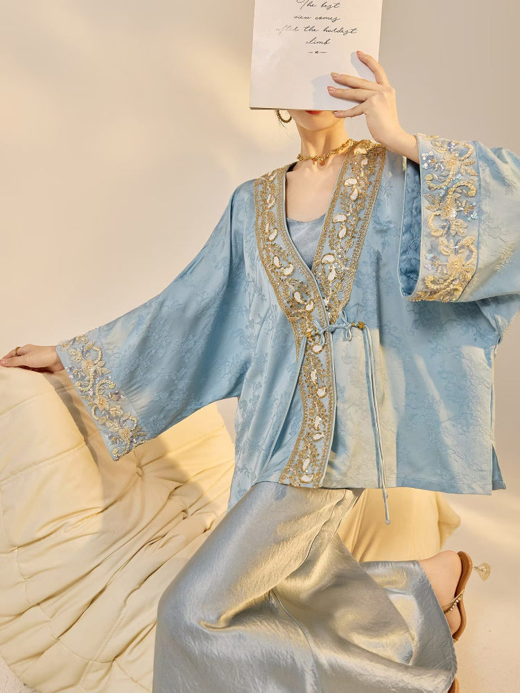 Beth and Brian Qipao-JZ Luna Golden Beaded Floral Embroidery Rayon Loose Cheongsam Coat