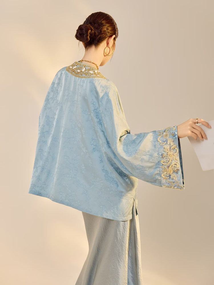 Beth and Brian Qipao-JZ Luna Golden Beaded Floral Embroidery Rayon Loose Cheongsam Coat